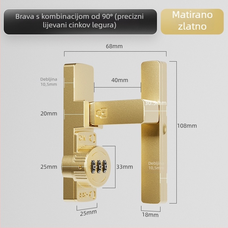 Brava za klizna vrata s lozinkom (bez bušenja) - Materijal: cinkova legura, Model: 1105, Debljina šipke 10 mm, Razmak šipke 10 mm, Način otključavanja: Lozinka