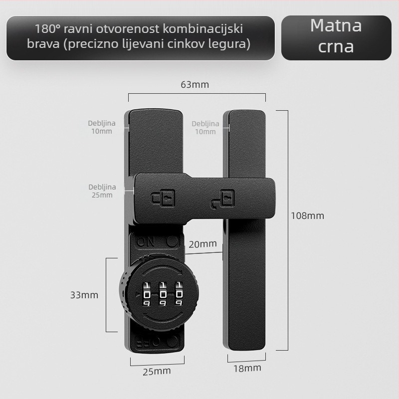 Brava za klizna vrata s lozinkom (bez bušenja) - Materijal: cinkova legura, Model: 1105, Debljina šipke 10 mm, Razmak šipke 10 mm, Način otključavanja: Lozinka