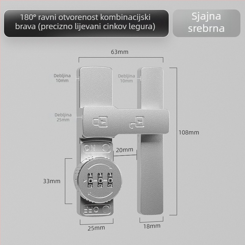 Brava za klizna vrata s lozinkom (bez bušenja) - Materijal: cinkova legura, Model: 1105, Debljina šipke 10 mm, Razmak šipke 10 mm, Način otključavanja: Lozinka