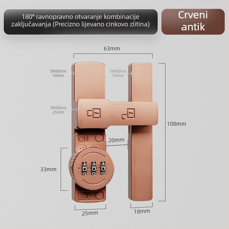 Brava za klizna vrata s lozinkom (bez bušenja) - Materijal: cinkova legura, Model: 1105, Debljina šipke 10 mm, Razmak šipke 10 mm, Način otključavanja: Lozinka