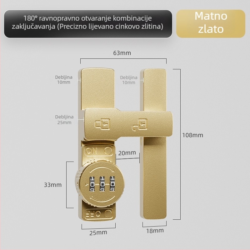 Brava za klizna vrata s lozinkom (bez bušenja) - Materijal: cinkova legura, Model: 1105, Debljina šipke 10 mm, Razmak šipke 10 mm, Način otključavanja: Lozinka