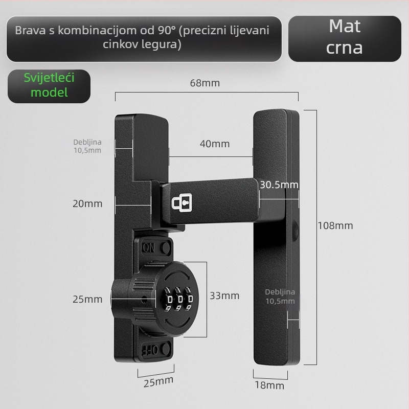 Brava za klizna vrata s lozinkom (bez bušenja) - Materijal: cinkova legura, Model: 1105, Debljina šipke 10 mm, Razmak šipke 10 mm, Način otključavanja: Lozinka