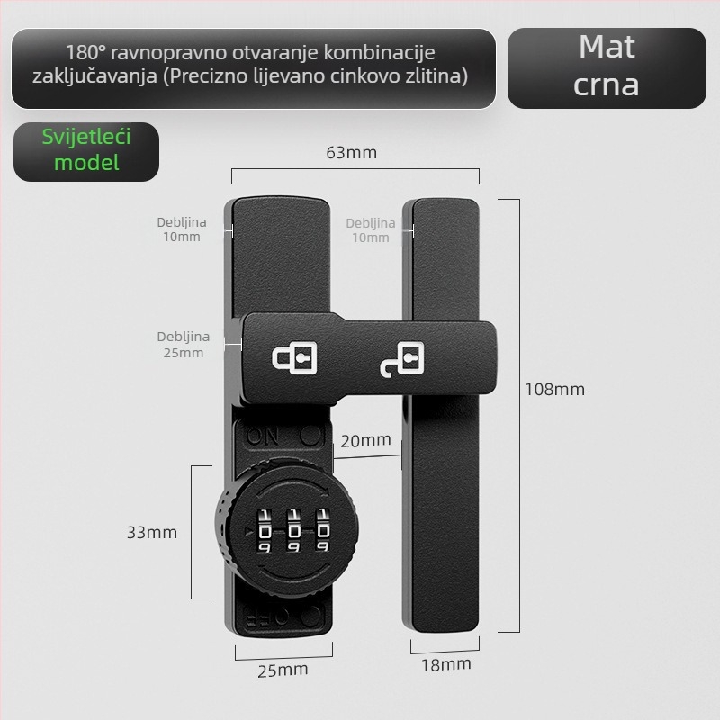 Brava za klizna vrata s lozinkom (bez bušenja) - Materijal: cinkova legura, Model: 1105, Debljina šipke 10 mm, Razmak šipke 10 mm, Način otključavanja: Lozinka
