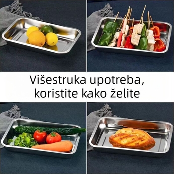 Debljeni duboko nehrđajući čelični pravokutni tanjur za posluživanje, jednobojan, glatko poliran, moderan minimalistički stil, mikrovalna kompatibilnost.