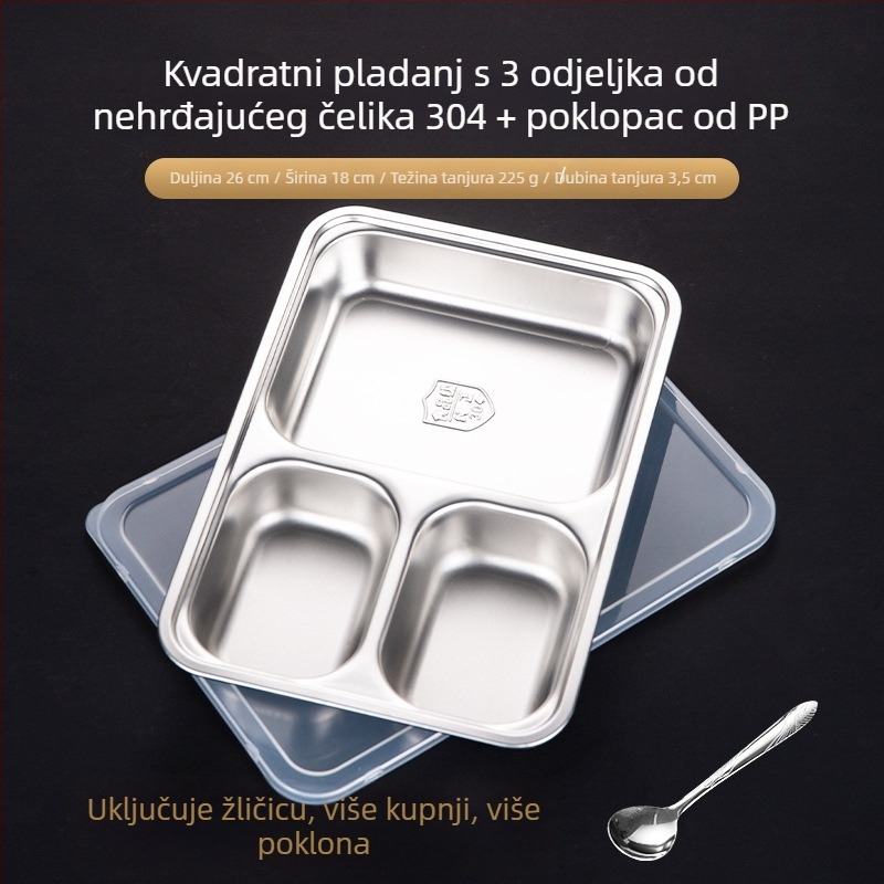 Podijeljena posuda od 304 nehrđajućeg čelika s poklopcem, kvadratnog oblika, elektroplatirana površina