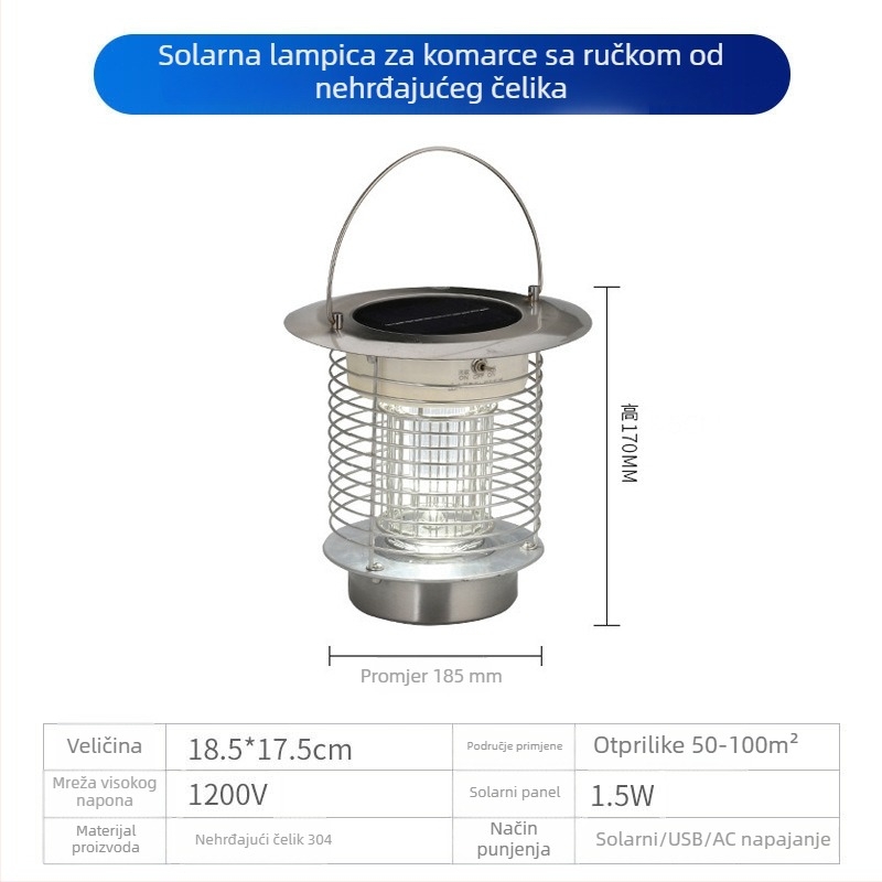 Solarna LED lampica za ubijanje komaraca na otvorenom, vodootporna, pogodna za 31–40 m², podesiva 0–180°, kućište od nehrđajućeg čelika