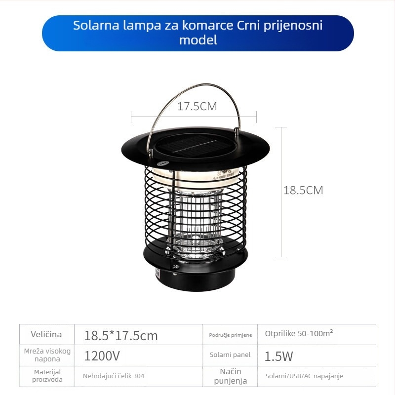 Solarna LED lampica za ubijanje komaraca na otvorenom, vodootporna, pogodna za 31–40 m², podesiva 0–180°, kućište od nehrđajućeg čelika