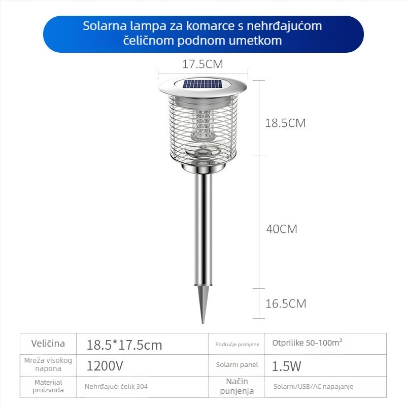 Solarna LED lampica za ubijanje komaraca na otvorenom, vodootporna, pogodna za 31–40 m², podesiva 0–180°, kućište od nehrđajućeg čelika