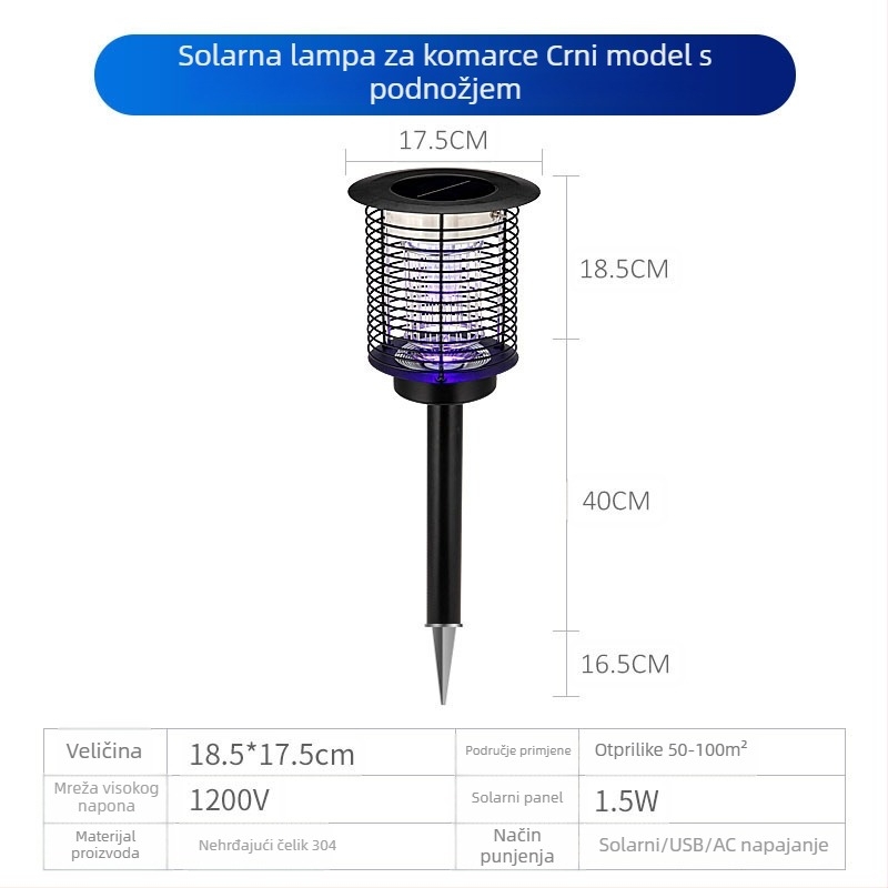 Solarna LED lampica za ubijanje komaraca na otvorenom, vodootporna, pogodna za 31–40 m², podesiva 0–180°, kućište od nehrđajućeg čelika