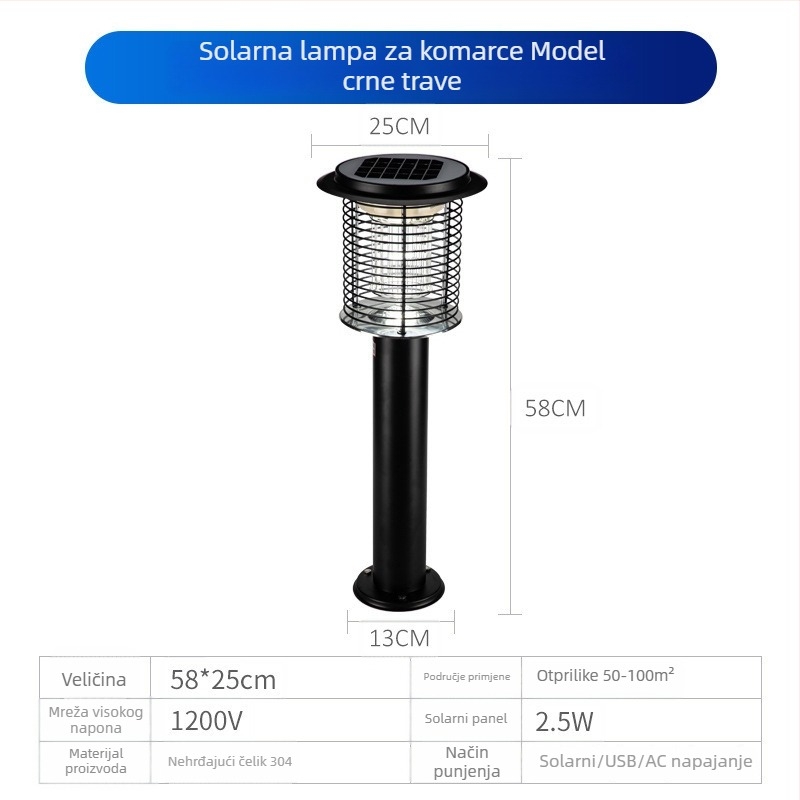 Solarna LED lampica za ubijanje komaraca na otvorenom, vodootporna, pogodna za 31–40 m², podesiva 0–180°, kućište od nehrđajućeg čelika