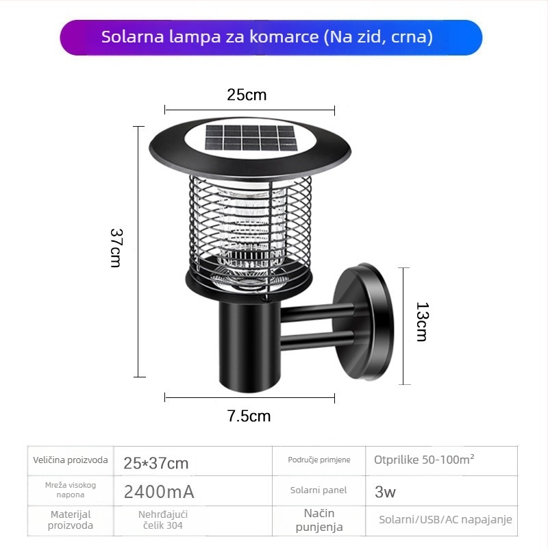 Solarna LED lampica za ubijanje komaraca na otvorenom, vodootporna, pogodna za 31–40 m², podesiva 0–180°, kućište od nehrđajućeg čelika