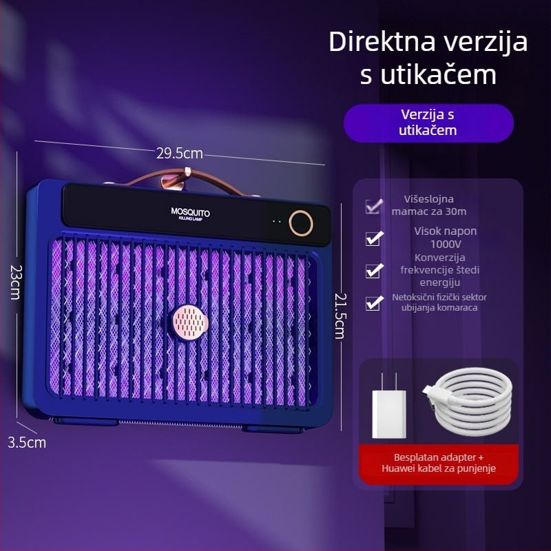 Električna lampa za ubijanje komaraca s elektrošokom, LED osvjetljenje, ugrađena baterija 1001–1600 mAh, pogodna za 41–60 m², trajanje 6–8 h