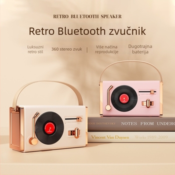 Retro Bluetooth prijenosni zvučnik za vanjsku i unutarnju upotrebu, Bluetooth 5.2, 5W izlaz, frekvencijski raspon 100 Hz–20 kHz, SNR ≥70 dB, ugrađena baterija