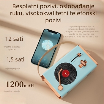 Retro Bluetooth prijenosni zvučnik za vanjsku i unutarnju upotrebu, Bluetooth 5.2, 5W izlaz, frekvencijski raspon 100 Hz–20 kHz, SNR ≥70 dB, ugrađena baterija