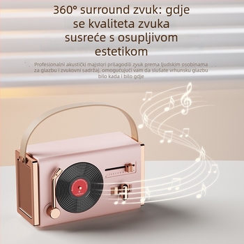 Retro Bluetooth prijenosni zvučnik za vanjsku i unutarnju upotrebu, Bluetooth 5.2, 5W izlaz, frekvencijski raspon 100 Hz–20 kHz, SNR ≥70 dB, ugrađena baterija