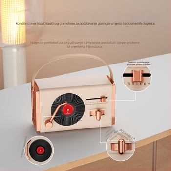 Retro Bluetooth prijenosni zvučnik za vanjsku i unutarnju upotrebu, Bluetooth 5.2, 5W izlaz, frekvencijski raspon 100 Hz–20 kHz, SNR ≥70 dB, ugrađena baterija