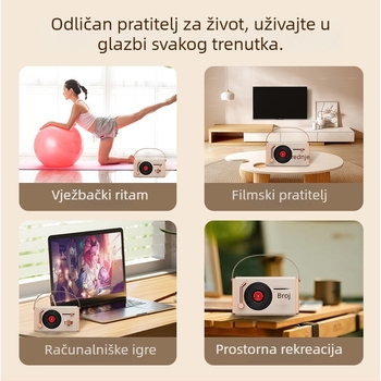 Retro Bluetooth prijenosni zvučnik za vanjsku i unutarnju upotrebu, Bluetooth 5.2, 5W izlaz, frekvencijski raspon 100 Hz–20 kHz, SNR ≥70 dB, ugrađena baterija