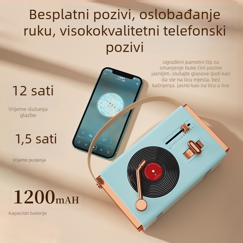 Retro Bluetooth prijenosni zvučnik za vanjsku i unutarnju upotrebu, Bluetooth 5.2, 5W izlaz, frekvencijski raspon 100 Hz–20 kHz, SNR ≥70 dB, ugrađena baterija