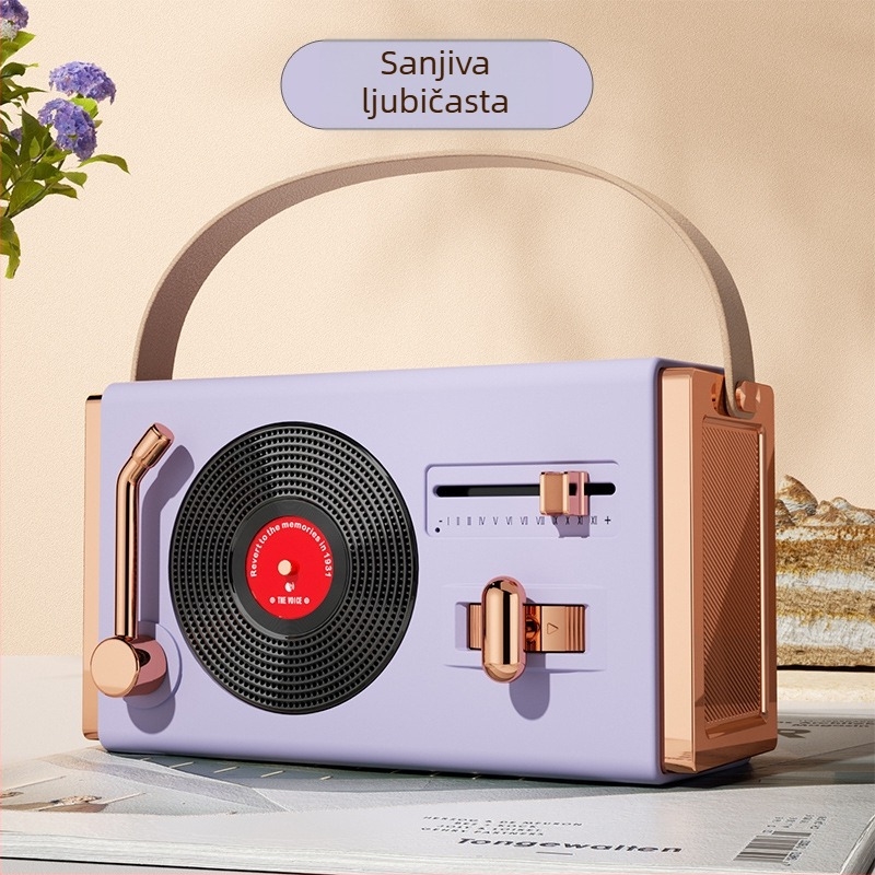 Retro Bluetooth prijenosni zvučnik za vanjsku i unutarnju upotrebu, Bluetooth 5.2, 5W izlaz, frekvencijski raspon 100 Hz–20 kHz, SNR ≥70 dB, ugrađena baterija