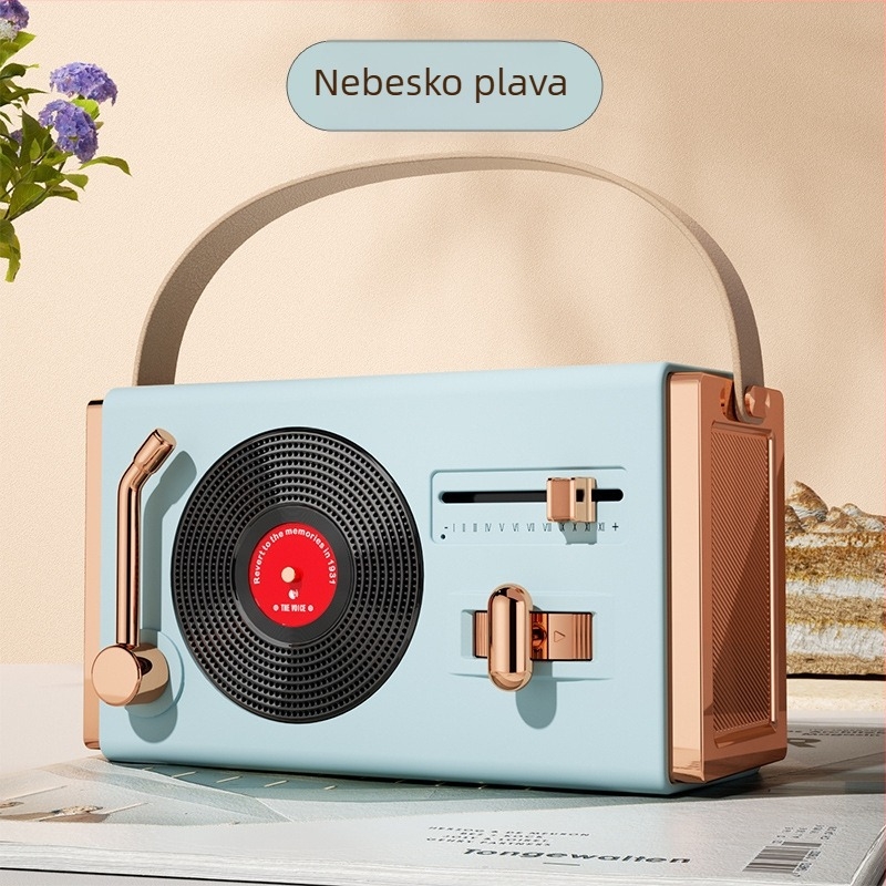 Retro Bluetooth prijenosni zvučnik za vanjsku i unutarnju upotrebu, Bluetooth 5.2, 5W izlaz, frekvencijski raspon 100 Hz–20 kHz, SNR ≥70 dB, ugrađena baterija