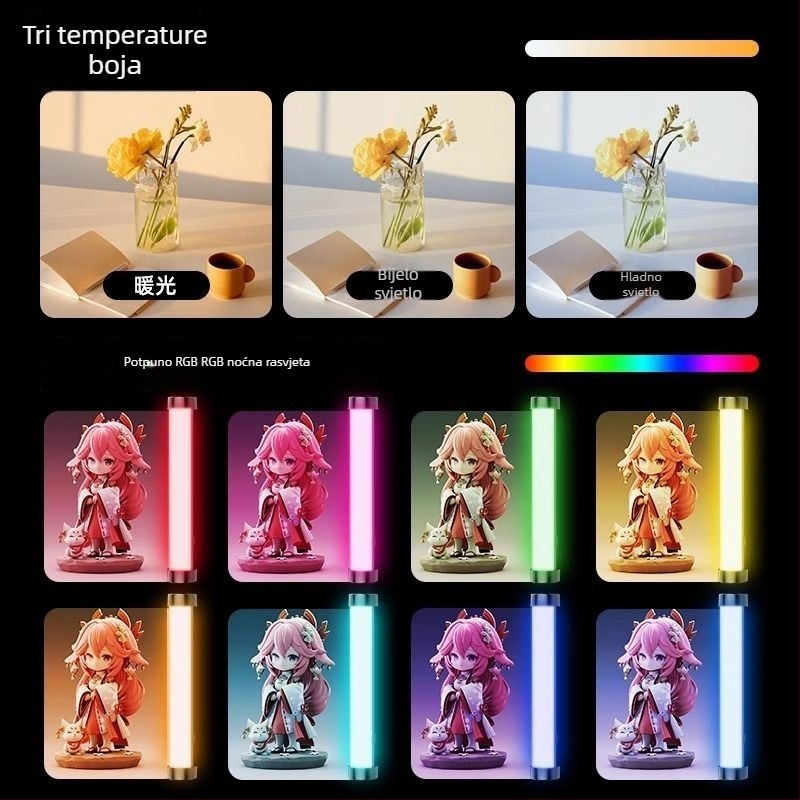 LED nadopunjujuće svjetlo s RGB promjenom boje, tri temperature boje, ispod 10W, ≤36V, za spavaću sobu, selfie i pozadinu uživo