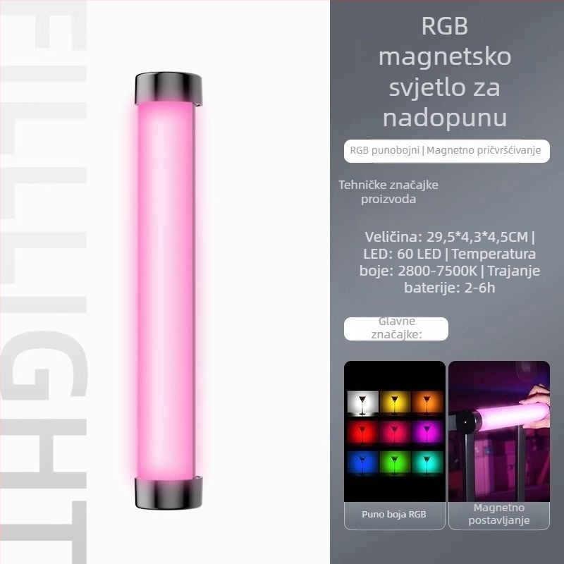 LED nadopunjujuće svjetlo s RGB promjenom boje, tri temperature boje, ispod 10W, ≤36V, za spavaću sobu, selfie i pozadinu uživo