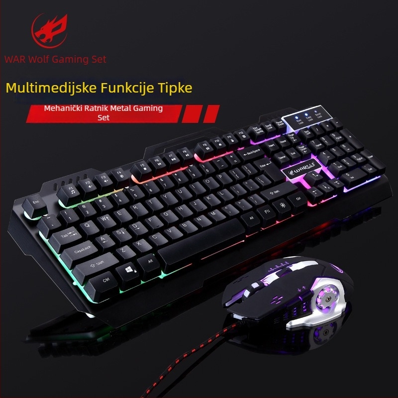 Fire Wolf USB mehanički gaming tipkovnica i miš set, žično, makro programiranje, 3200 DPI, ergonomski, vodootporan, kabel 1.8 m