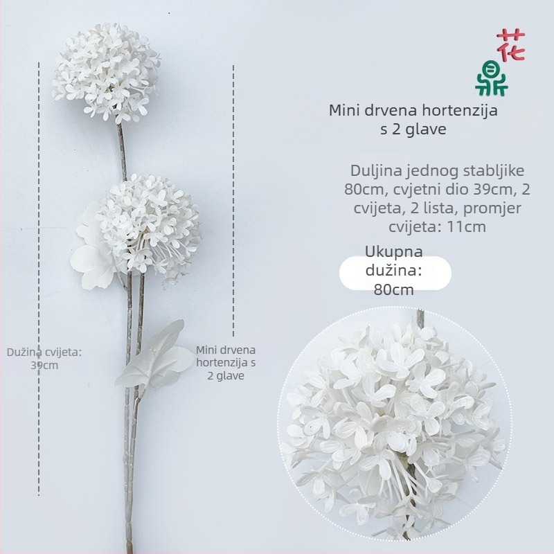 Umjetna hortenzija s dva cvijeta za svadbene i hotelske dekoracije; plastični materijal cvijeta.