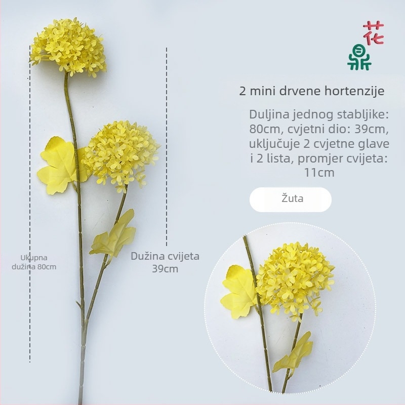 Umjetna hortenzija s dva cvijeta za svadbene i hotelske dekoracije; plastični materijal cvijeta.