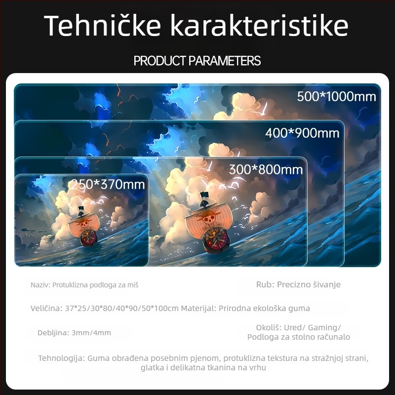 Velika podloga za miš za gaming i ured, dimenzije 800×400 mm ili 900×400 mm, prirodna guma, jednostrana, protuklizna, stil crtani/anime igara