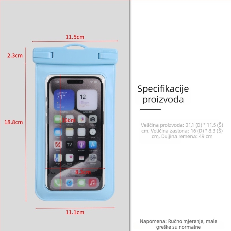 Vodootporna prozirna torbica za mobitel, pogodna za rafting, ronjenje i plivanje, s zaslonom na dodir