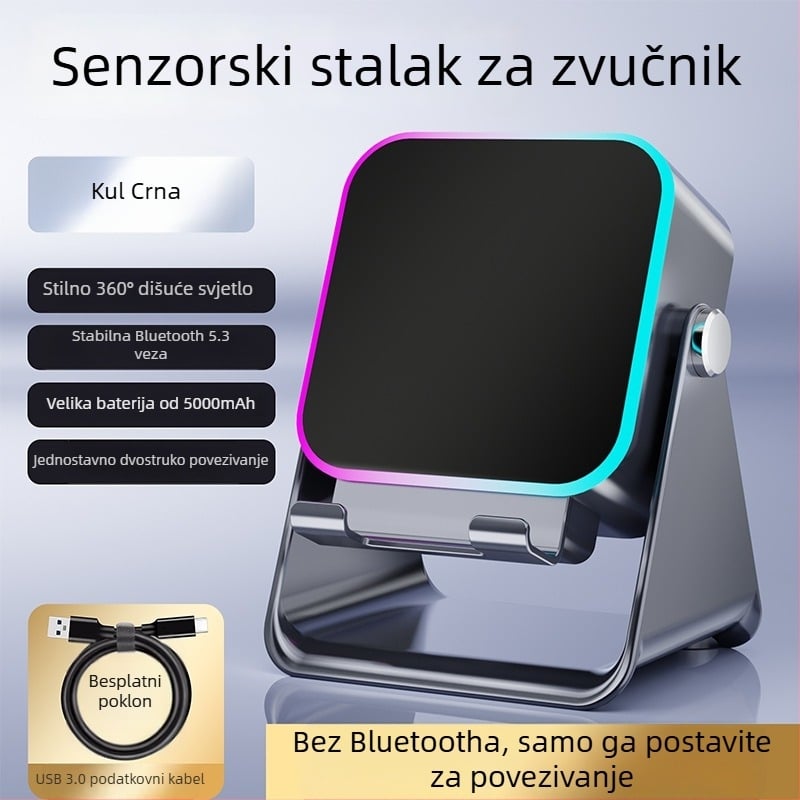 Sklopivi stolni držač za telefon s bežičnim zvučnikom, ambijentalnim svjetlom i QC4.0 brzim punjenjem, 15W, 3A