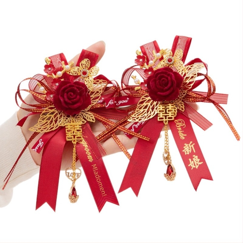 Vjenčani set corsagea za obitelj i roditelje, svilenih cvjetova corsage, kineski stil za mladenku i mladoženju