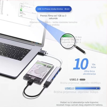 Pinyue USB-C hub, 4-u-1 USB 3.0 docking stanica, kabel duljine 19,4 cm, napajanje preko USB