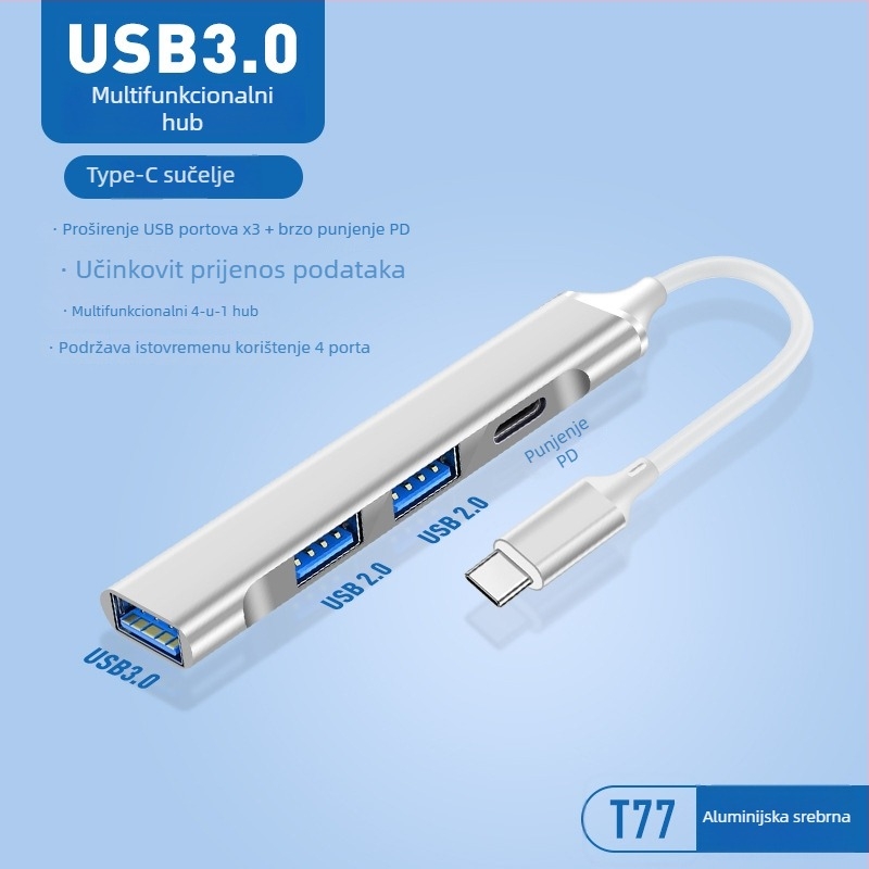 Pinyue USB-C hub, 4-u-1 USB 3.0 docking stanica, kabel duljine 19,4 cm, napajanje preko USB