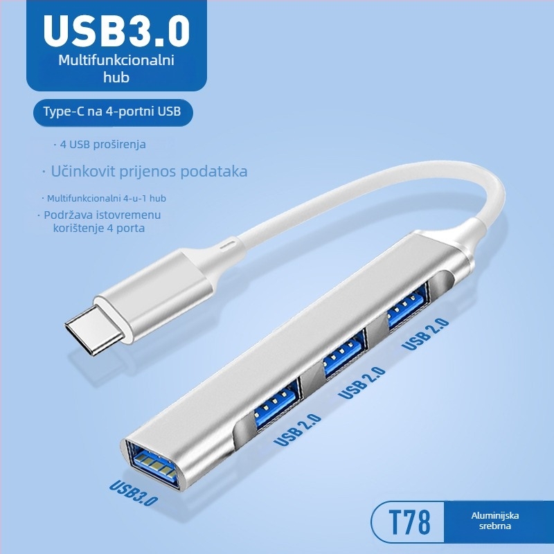 Pinyue USB-C hub, 4-u-1 USB 3.0 docking stanica, kabel duljine 19,4 cm, napajanje preko USB