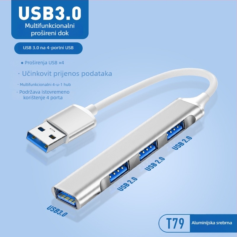 Pinyue USB-C hub, 4-u-1 USB 3.0 docking stanica, kabel duljine 19,4 cm, napajanje preko USB