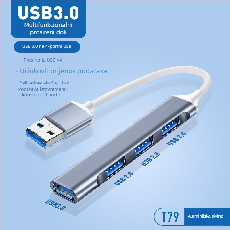 Pinyue USB-C hub, 4-u-1 USB 3.0 docking stanica, kabel duljine 19,4 cm, napajanje preko USB
