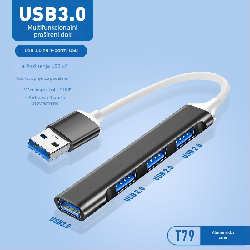 Pinyue USB-C hub, 4-u-1 USB 3.0 docking stanica, kabel duljine 19,4 cm, napajanje preko USB