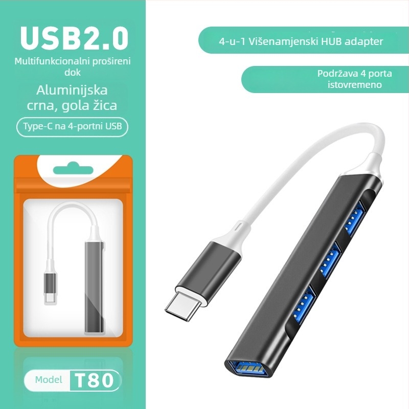Pinyue USB-C hub, 4-u-1 USB 3.0 docking stanica, kabel duljine 19,4 cm, napajanje preko USB