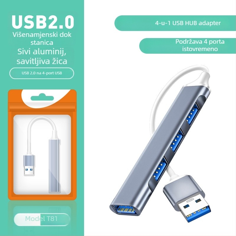 Pinyue USB-C hub, 4-u-1 USB 3.0 docking stanica, kabel duljine 19,4 cm, napajanje preko USB