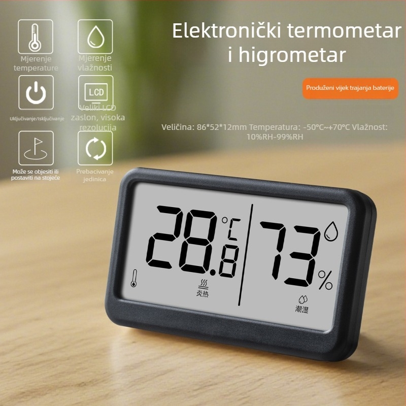 Unutarnji digitalni mjerač temperature i vlage — ultra-tanki mini termometar s magnetnim budilicom (napajanje 1,5V baterijom)