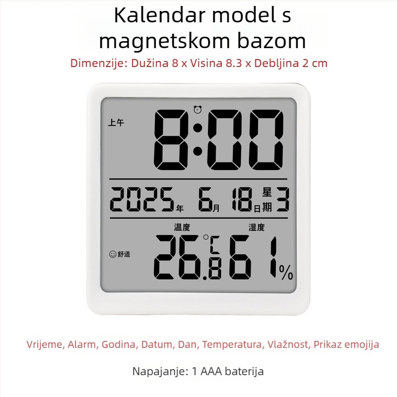 Unutarnji digitalni mjerač temperature i vlage — ultra-tanki mini termometar s magnetnim budilicom (napajanje 1,5V baterijom)