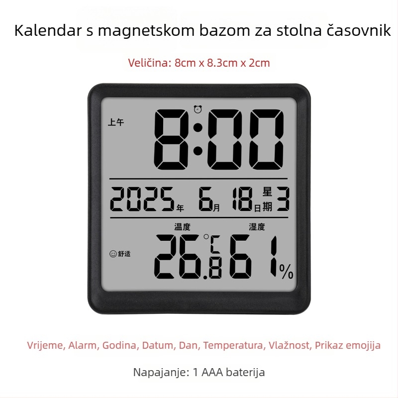 Unutarnji digitalni mjerač temperature i vlage — ultra-tanki mini termometar s magnetnim budilicom (napajanje 1,5V baterijom)