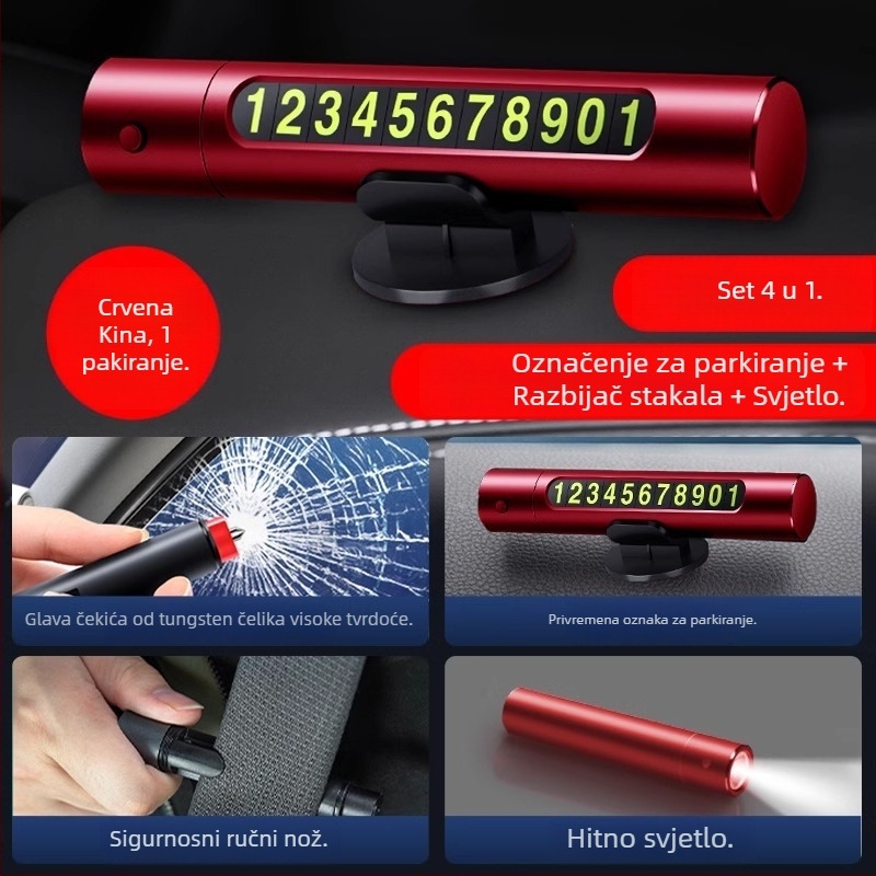 Auto hitni alat: sigurnosni čekić za razbijanje stakla, nož 3-u-1, prijenosna privremena parkirna pločica, PVC