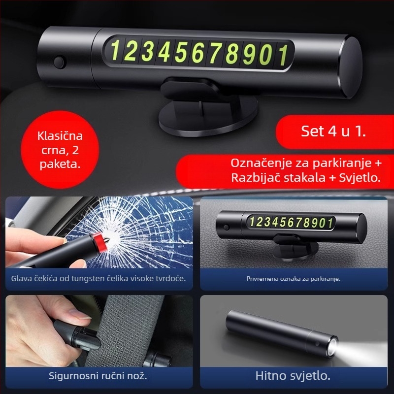 Auto hitni alat: sigurnosni čekić za razbijanje stakla, nož 3-u-1, prijenosna privremena parkirna pločica, PVC