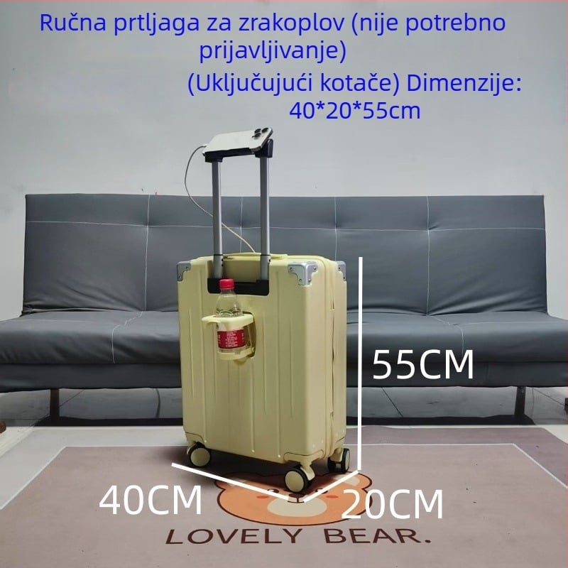 Višenamjenski kovčeg za ručnu prtljagu za let 20x40x55 cm, lagan i čvrst, za muškarce i žene, ABS kućište, teleskopska ručka, USB priključak, držač telefona, držač za čašu, okretni kotači