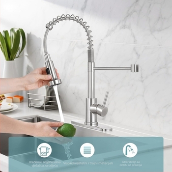 Kuhinjski faucet s toplom i hladnom vodom, američkog stila, rotirajući dvostruki izlaz, zaštita od prskanja, od nehrđajućeg čelika (model THCL-1; promjer ulaza/izlaza 20 mm; promjer sjedala ventila 50 mm; keramički disk ventila; uspravna montaža)