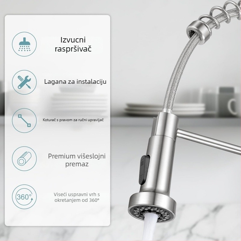 Kuhinjski faucet s toplom i hladnom vodom, američkog stila, rotirajući dvostruki izlaz, zaštita od prskanja, od nehrđajućeg čelika (model THCL-1; promjer ulaza/izlaza 20 mm; promjer sjedala ventila 50 mm; keramički disk ventila; uspravna montaža)