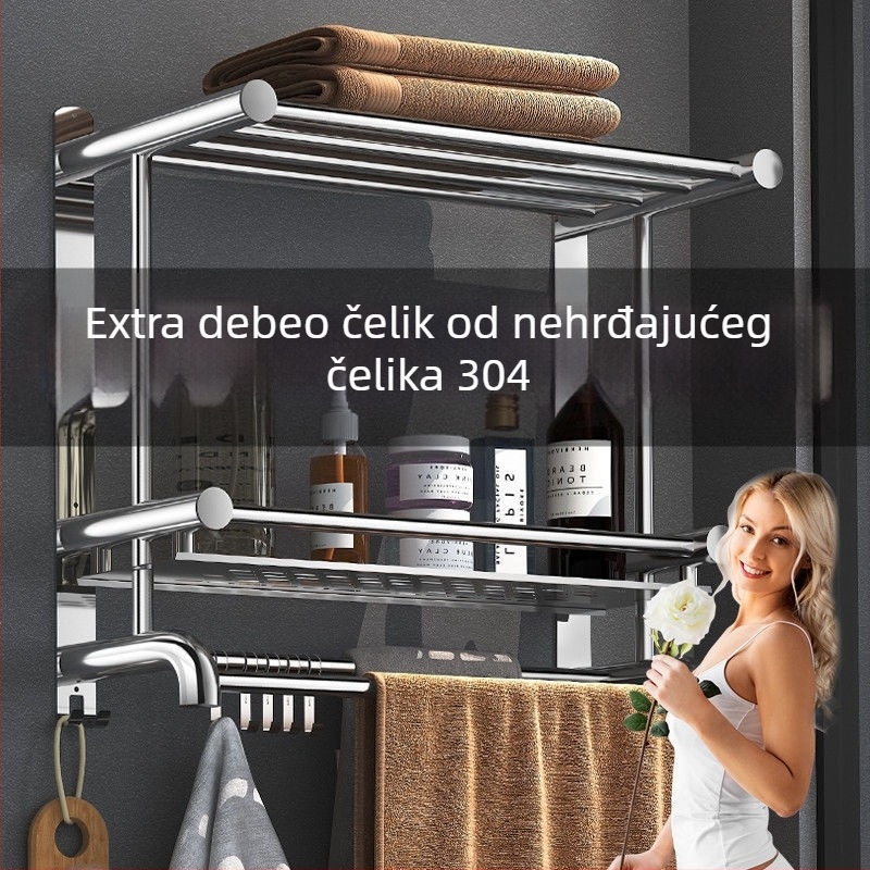 Držač ručnika od 304 nerđajućeg čelika, bez bušenja, 2 sloja, kupaonica, nosivost 60 kg